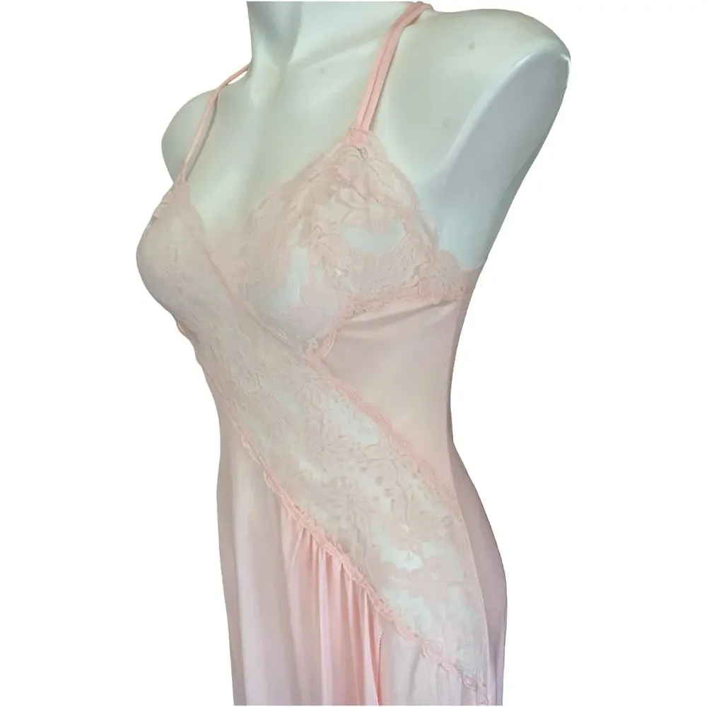 Val Mode Vintage 1970s Blush Pink Nylon Nightgown Diagonal Lace Panel Small